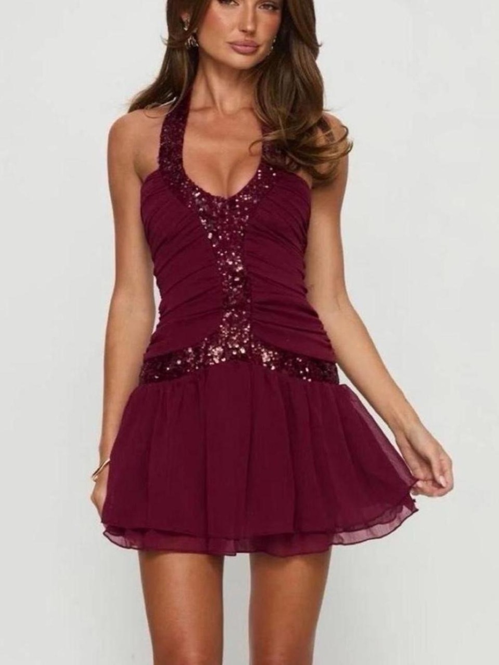 Princess Polly Wine Sequin Halter Mini Dress